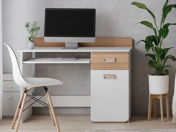 Biurko z wysuwaną półką i szufladą 120 cm dla nastolatka Lindo Biały, Dąb Nash