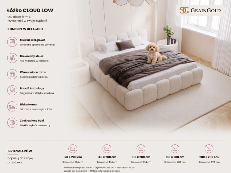 Łóżko tapicerowane bez pojemnika ze stelażem 200x200 Cloud Low Szare